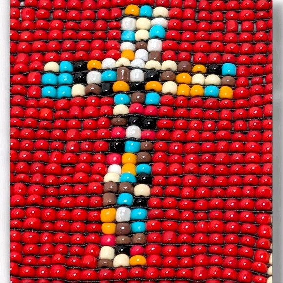 Vintage Native Style Beaded Belt Red Cream Wooden Buckle Boho Western main image 12